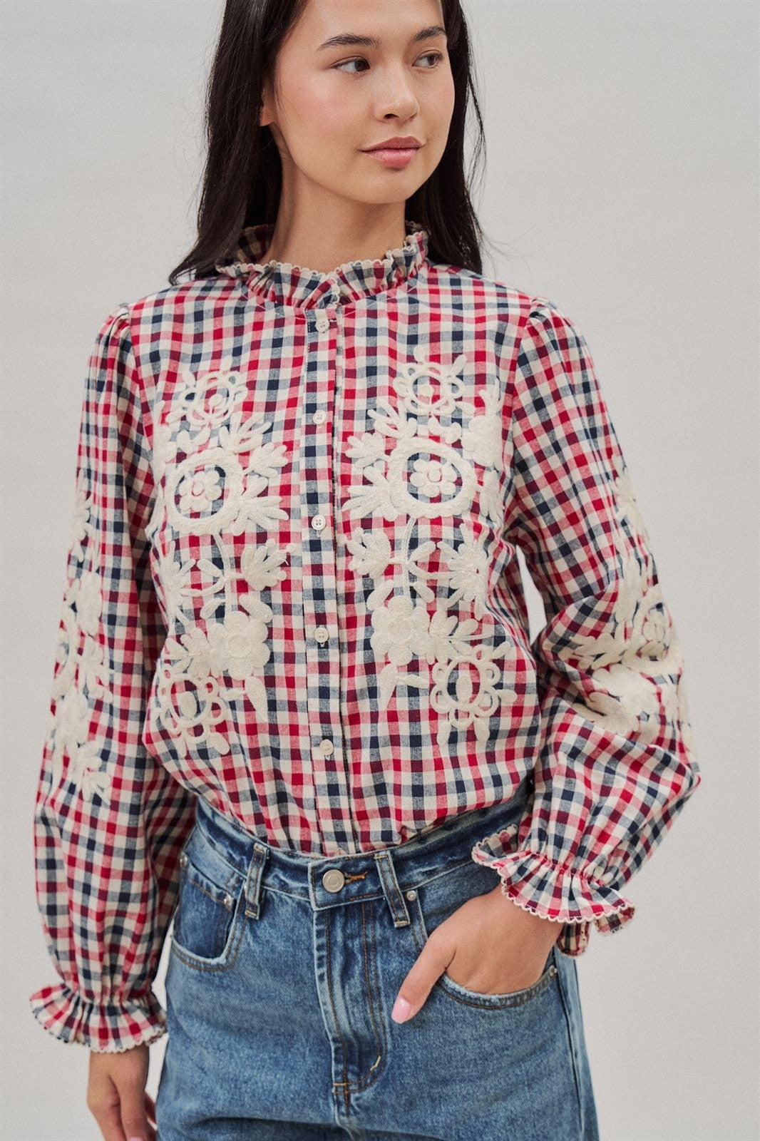Floral Embroidered Gingham Blouse in Romantic Prairie Style in Brown Navy - Women's Wholesale Blankets | Trend Notes