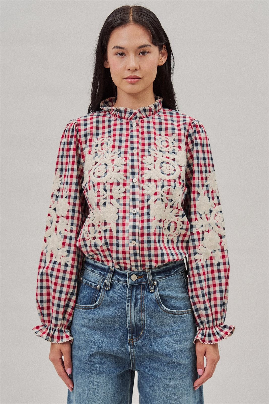 Floral Embroidered Gingham Blouse in Romantic Prairie Style in Brown Navy - Women's Wholesale Blankets | Trend Notes