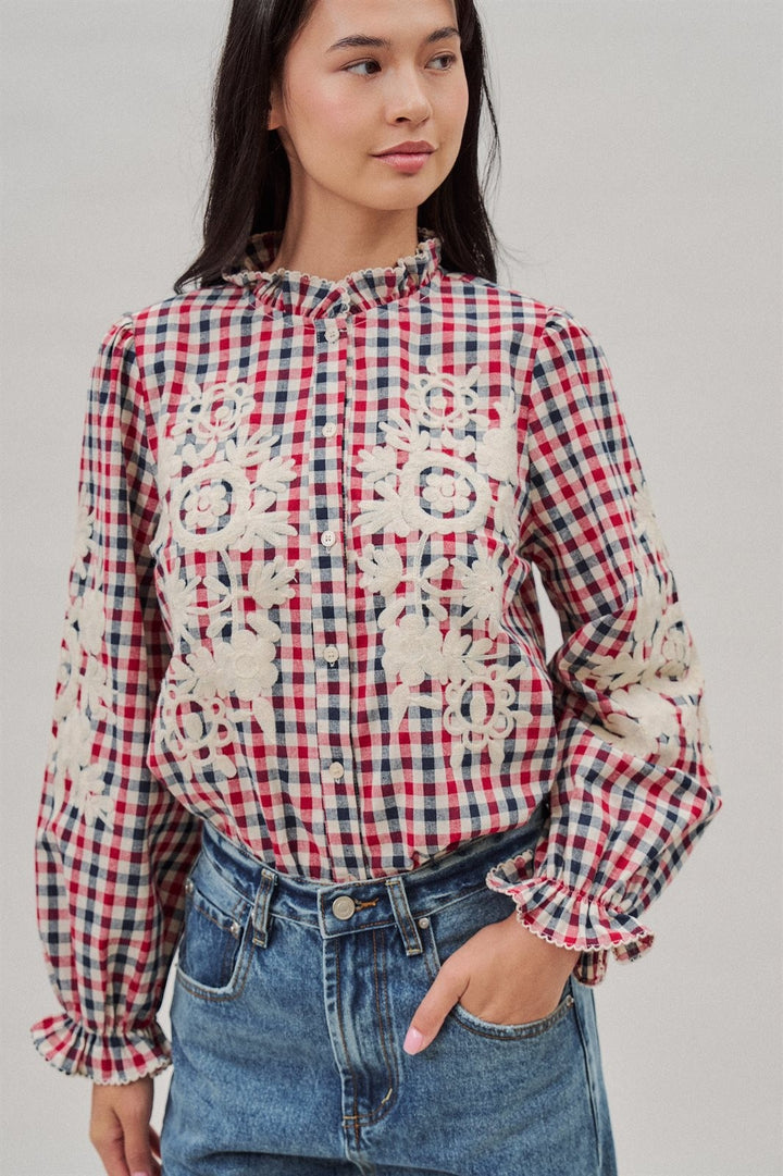 Floral Embroidered Gingham Blouse in Romantic Prairie Style in Brown Navy - Women's Wholesale Blankets | Trend Notes