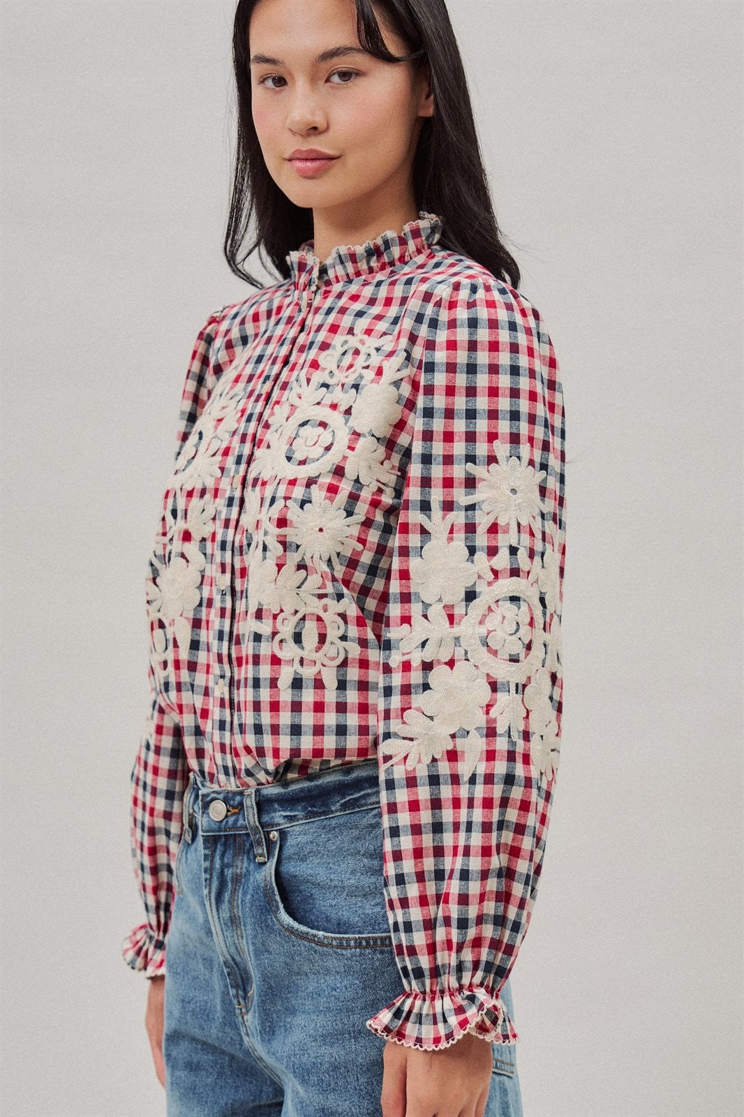 Floral Embroidered Gingham Blouse in Romantic Prairie Style in Brown Navy - Women's Wholesale Blankets | Trend Notes