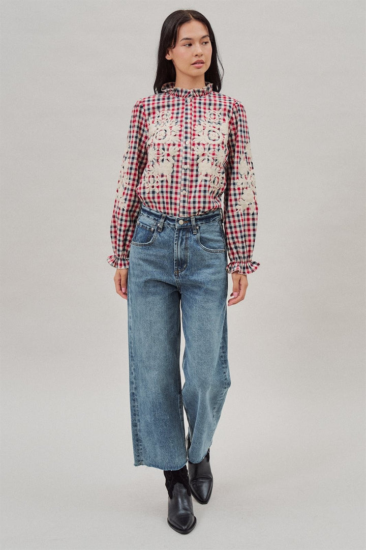 Floral Embroidered Gingham Blouse in Romantic Prairie Style in Brown Navy - Women's Wholesale Blankets | Trend Notes