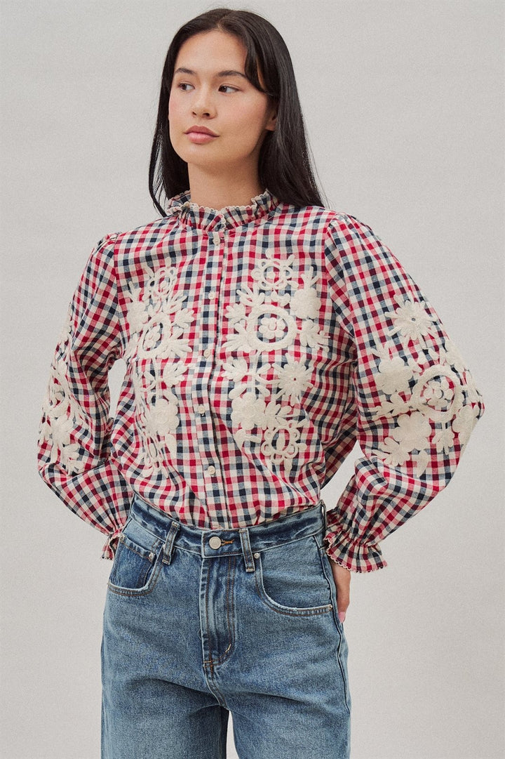 Floral Embroidered Gingham Blouse in Romantic Prairie Style in Brown Navy - Women's Wholesale Blankets | Trend Notes
