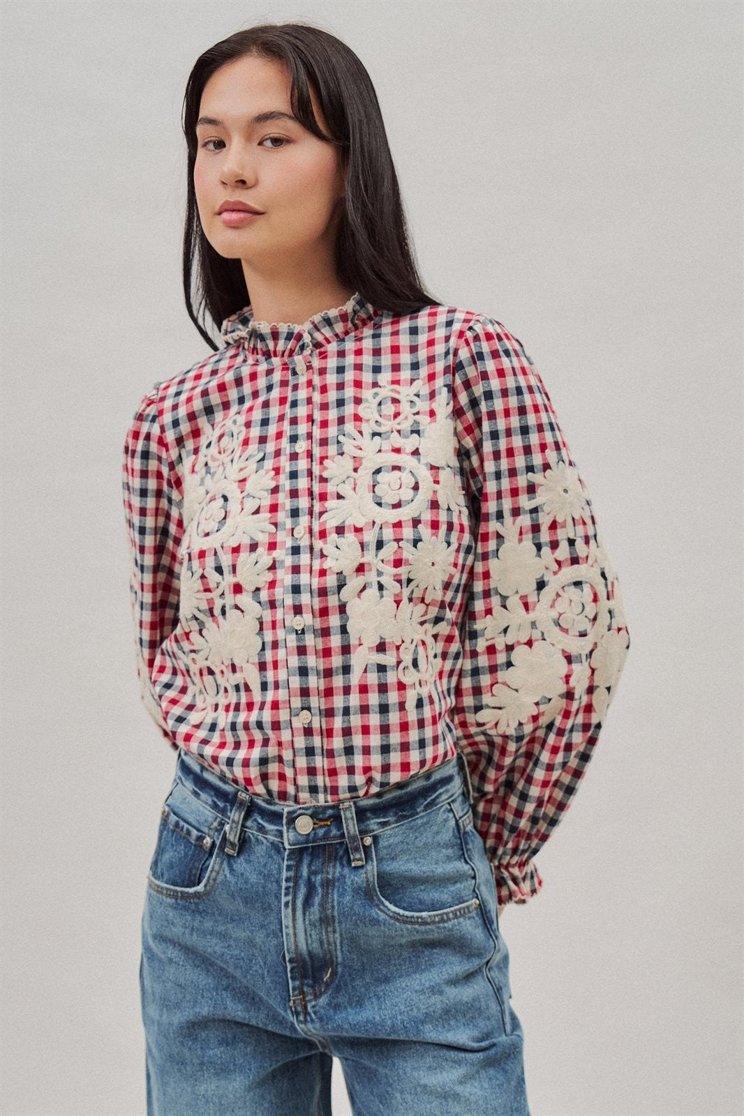 Floral Embroidered Gingham Blouse in Romantic Prairie Style in Brown Navy - Women's Wholesale Blankets | Trend Notes