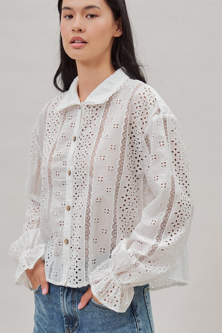 Cotton Eyelet Button Up Blouse with Lace Trim and Collar in White - Women's Wholesale Blankets | Trend Notes