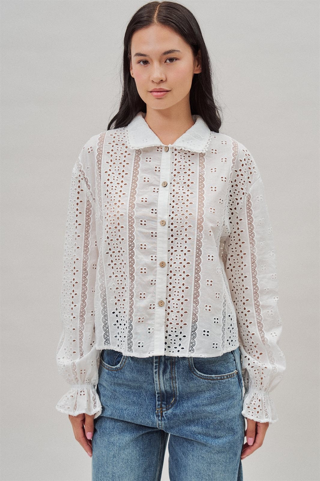 Cotton Eyelet Button Up Blouse with Lace Trim and Collar in White - Women's Wholesale Blankets | Trend Notes
