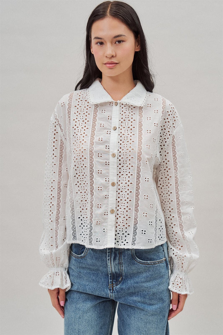 Cotton Eyelet Button Up Blouse with Lace Trim and Collar in White - Women's Wholesale Blankets | Trend Notes