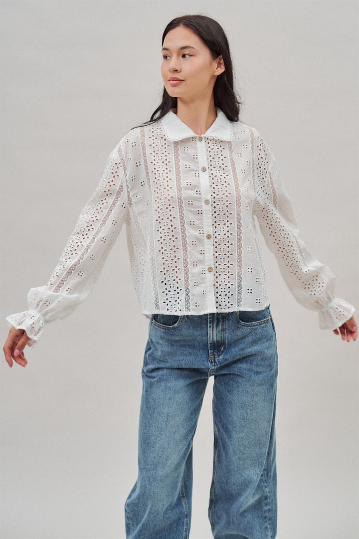 Cotton Eyelet Button Up Blouse with Lace Trim and Collar in White - Women's Wholesale Blankets | Trend Notes