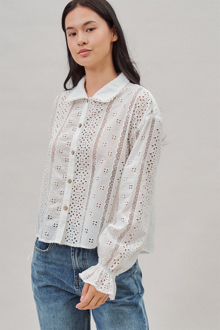 Cotton Eyelet Button Up Blouse with Lace Trim and Collar in White - Women's Wholesale Blankets | Trend Notes