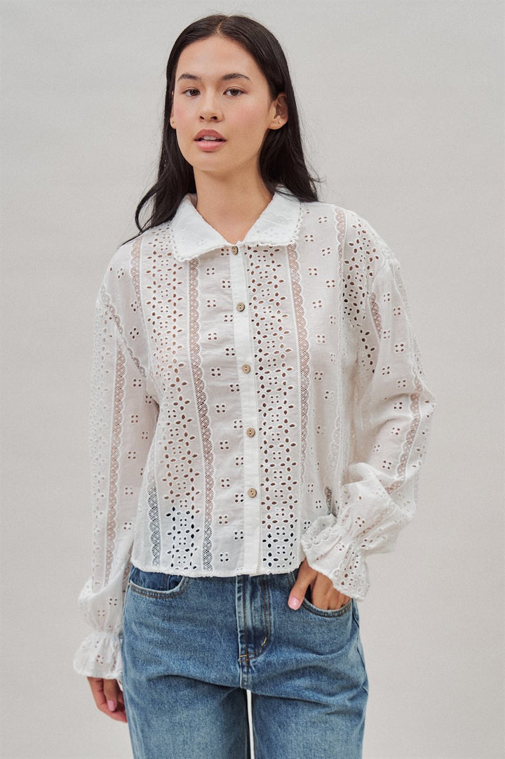 Cotton Eyelet Button Up Blouse with Lace Trim and Collar in White - Women's Wholesale Blankets | Trend Notes