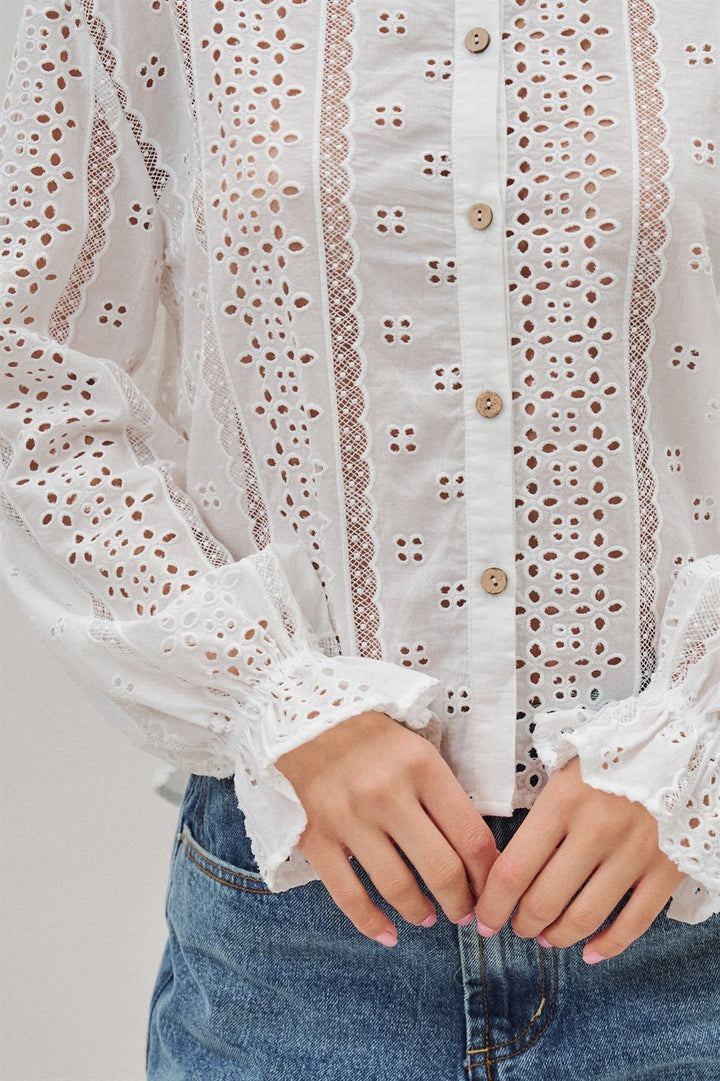Cotton Eyelet Button Up Blouse with Lace Trim and Collar in White - Women's Wholesale Blankets | Trend Notes