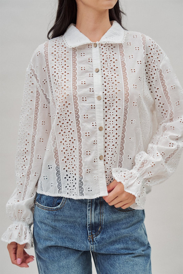Cotton Eyelet Button Up Blouse with Lace Trim and Collar in White - Women's Wholesale Blankets | Trend Notes