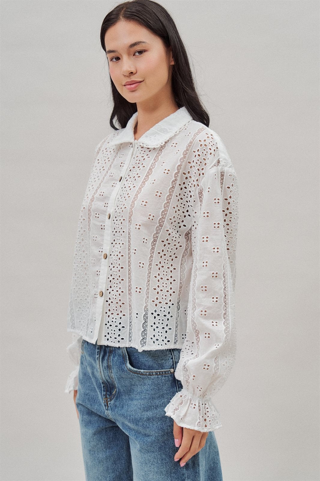 Cotton Eyelet Button Up Blouse with Lace Trim and Collar in White - Women's Wholesale Blankets | Trend Notes