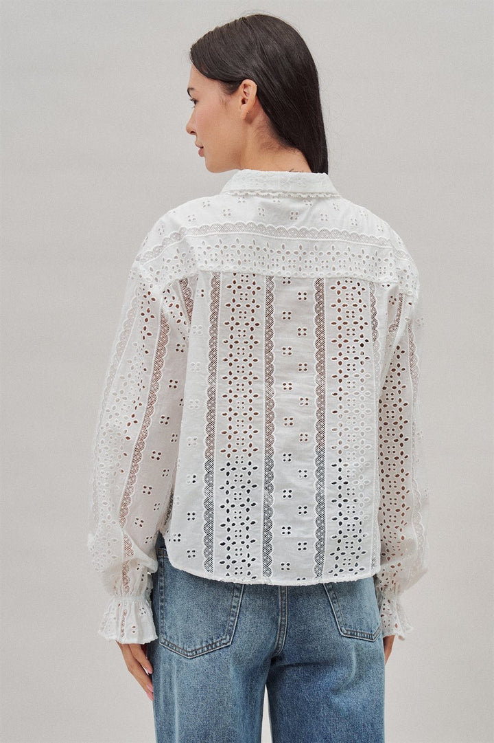 Cotton Eyelet Button Up Blouse with Lace Trim and Collar in White - Women's Wholesale Blankets | Trend Notes