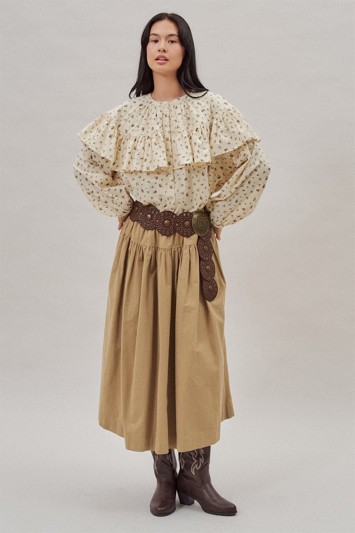 Ditsy Floral Ruffle Yoke Prairie Blouse with Balloon Sleeves in Ivory - Women's Wholesale Shirts & Blouses | Trend Notes