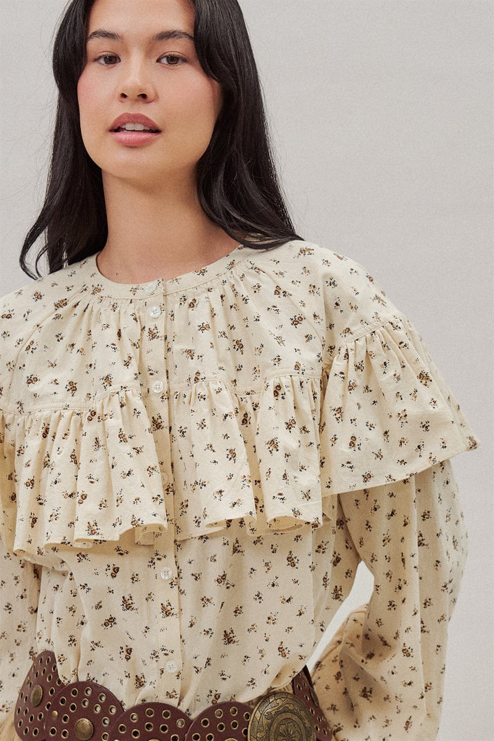Ditsy Floral Ruffle Yoke Prairie Blouse with Balloon Sleeves in Ivory - Women's Wholesale Shirts & Blouses | Trend Notes