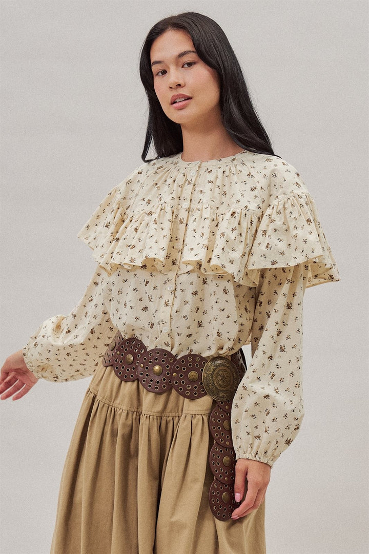 Ditsy Floral Ruffle Yoke Prairie Blouse with Balloon Sleeves in Ivory - Women's Wholesale Shirts & Blouses | Trend Notes