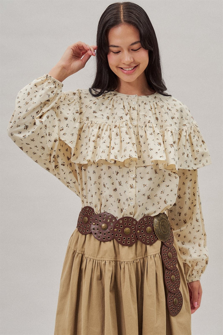 Ditsy Floral Ruffle Yoke Prairie Blouse with Balloon Sleeves in Ivory - Women's Wholesale Shirts & Blouses | Trend Notes