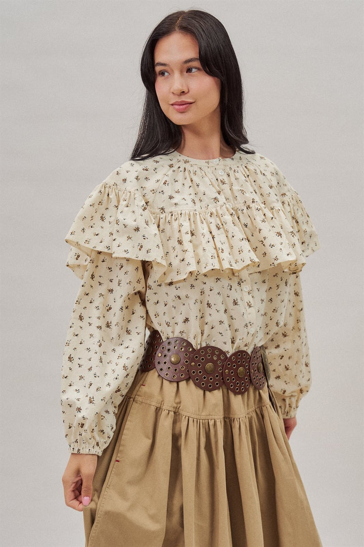 Ditsy Floral Ruffle Yoke Prairie Blouse with Balloon Sleeves in Ivory - Women's Wholesale Shirts & Blouses | Trend Notes