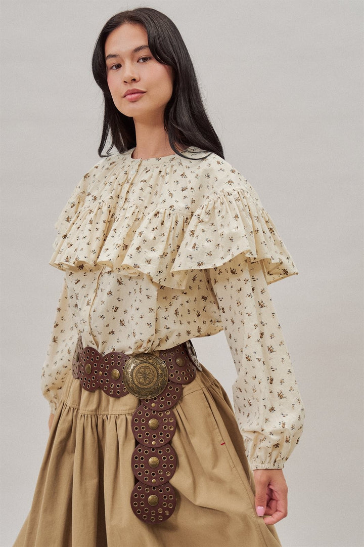 Ditsy Floral Ruffle Yoke Prairie Blouse with Balloon Sleeves in Ivory - Women's Wholesale Shirts & Blouses | Trend Notes