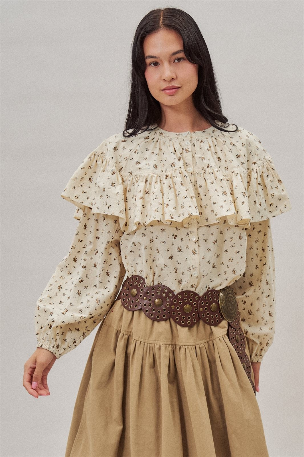Ditsy Floral Ruffle Yoke Prairie Blouse with Balloon Sleeves in Ivory - Women's Wholesale Shirts & Blouses | Trend Notes