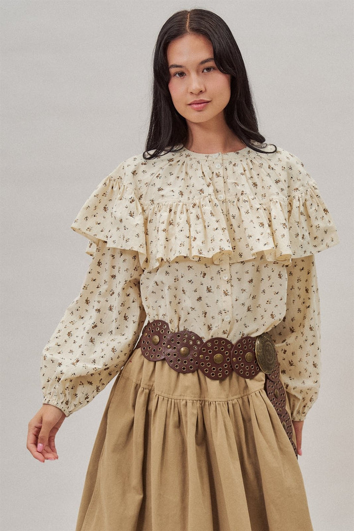 Ditsy Floral Ruffle Yoke Prairie Blouse with Balloon Sleeves in Ivory - Women's Wholesale Shirts & Blouses | Trend Notes