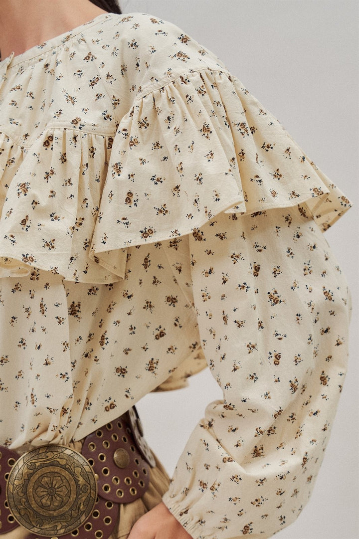 Ditsy Floral Ruffle Yoke Prairie Blouse with Balloon Sleeves in Ivory - Women's Wholesale Shirts & Blouses | Trend Notes