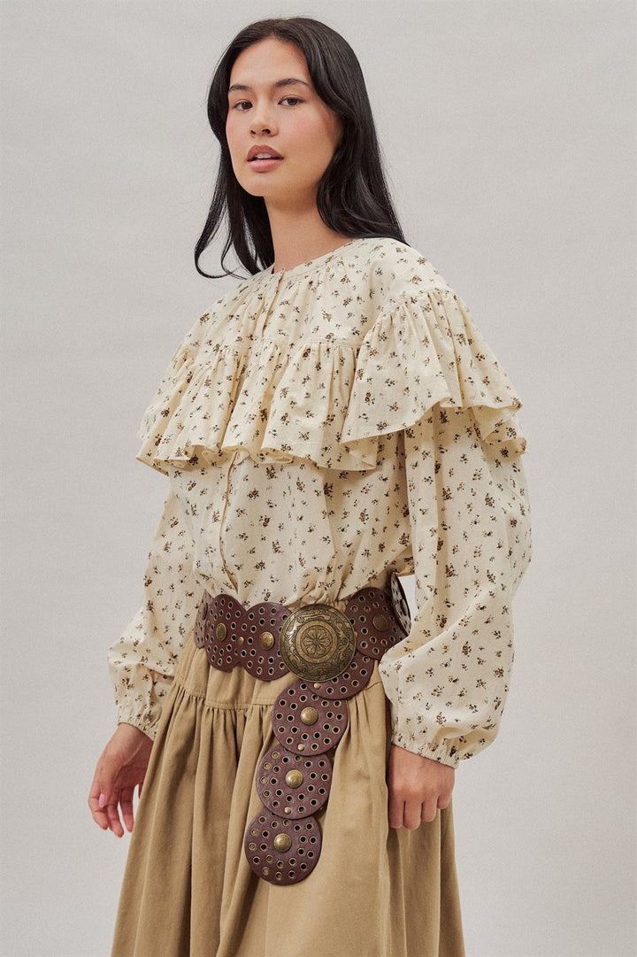 Ditsy Floral Ruffle Yoke Prairie Blouse with Balloon Sleeves in Ivory - Women's Wholesale Shirts & Blouses | Trend Notes
