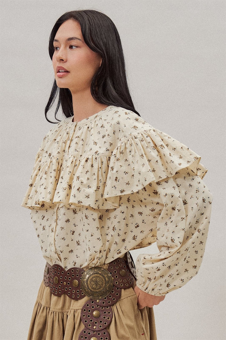 Ditsy Floral Ruffle Yoke Prairie Blouse with Balloon Sleeves in Ivory - Women's Wholesale Shirts & Blouses | Trend Notes