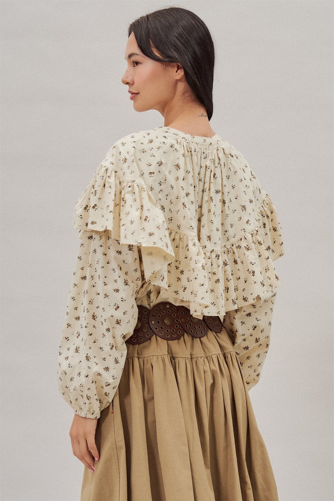 Ditsy Floral Ruffle Yoke Prairie Blouse with Balloon Sleeves in Ivory - Women's Wholesale Shirts & Blouses | Trend Notes