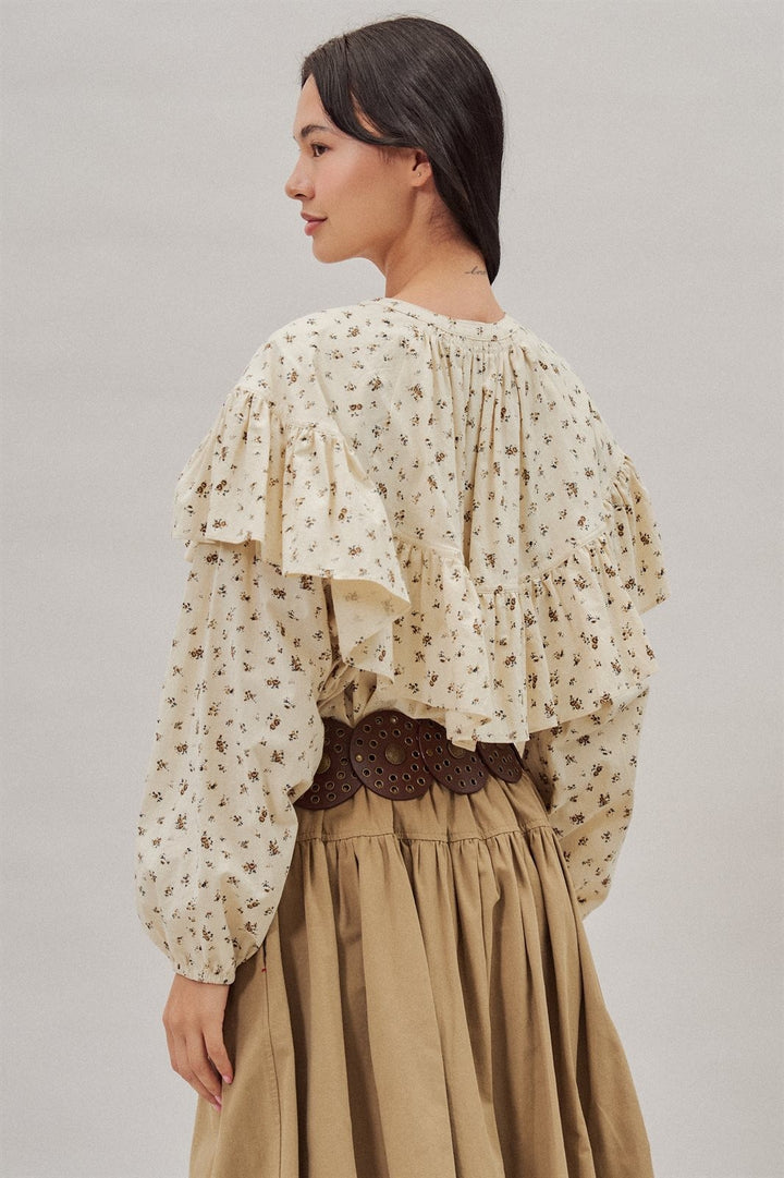 Ditsy Floral Ruffle Yoke Prairie Blouse with Balloon Sleeves in Ivory - Women's Wholesale Shirts & Blouses | Trend Notes