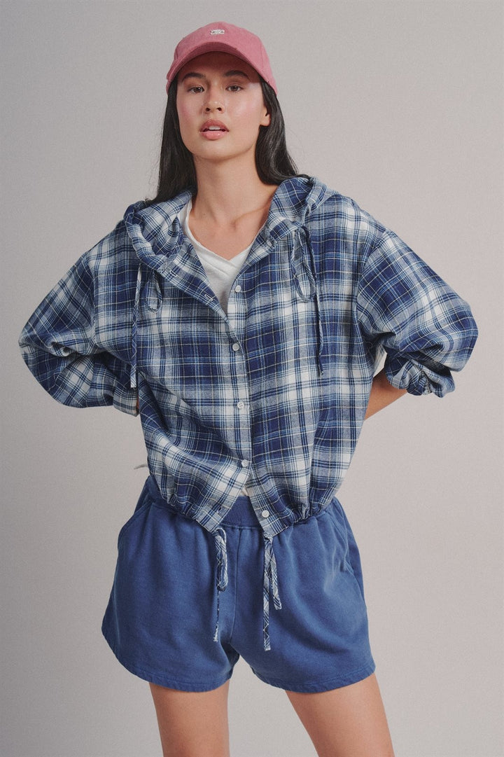 Plaid Flannel Hooded Shirt Jacket with Drawstring Hem in Navy - Women's Wholesale Blankets | Trend Notes