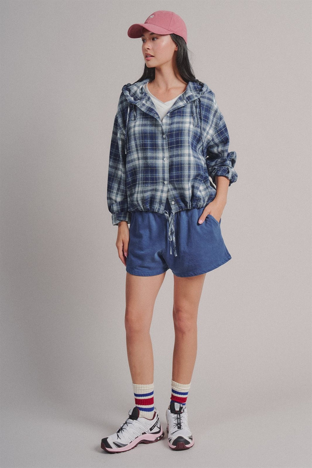 Plaid Flannel Hooded Shirt Jacket with Drawstring Hem in Navy - Women's Wholesale Blankets | Trend Notes
