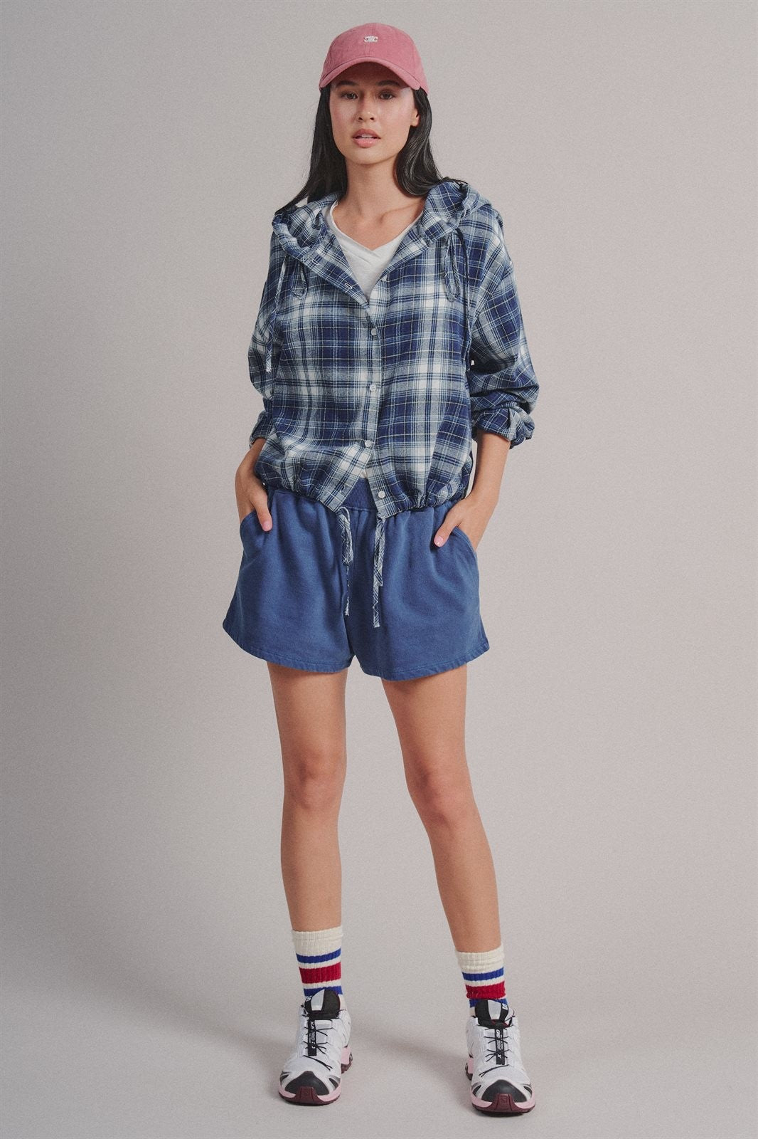 Plaid Flannel Hooded Shirt Jacket with Drawstring Hem in Navy - Women's Wholesale Blankets | Trend Notes
