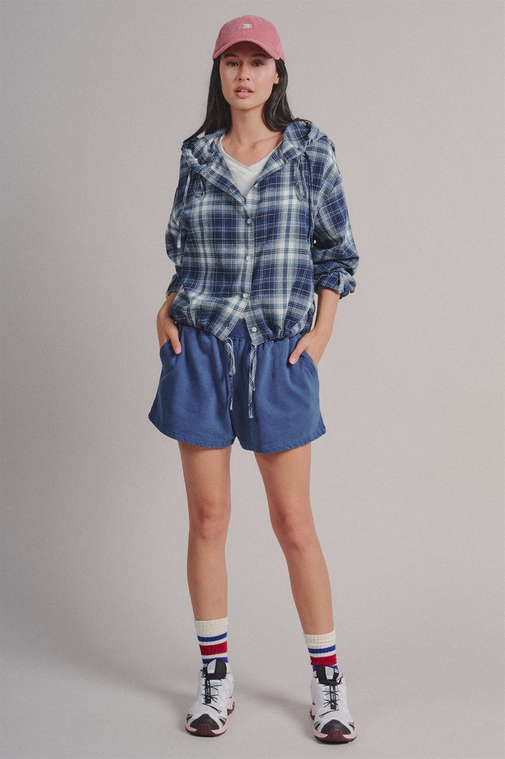 Plaid Flannel Hooded Shirt Jacket with Drawstring Hem in Navy - Women's Wholesale Blankets | Trend Notes
