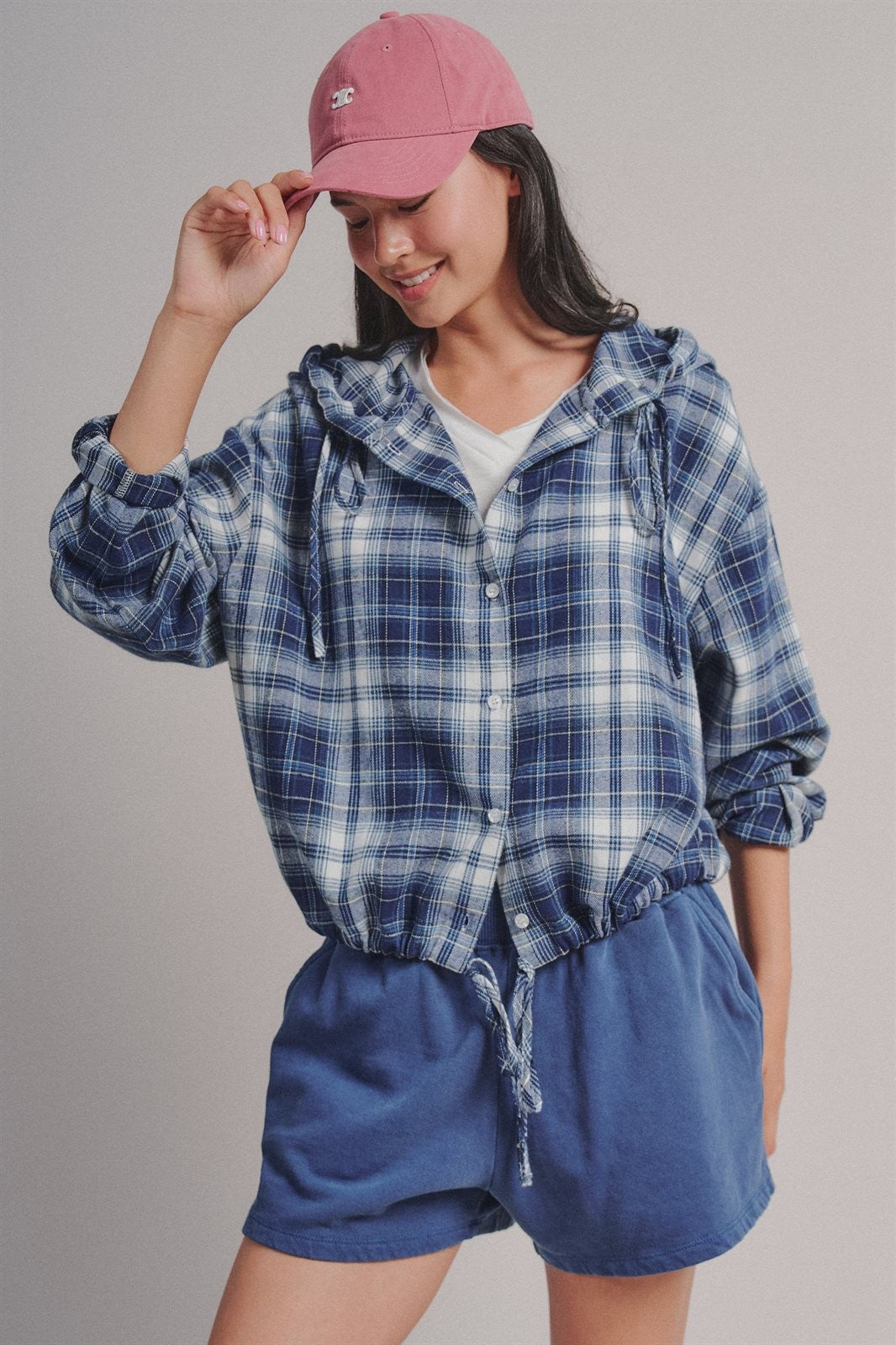 Plaid Flannel Hooded Shirt Jacket with Drawstring Hem in Navy - Women's Wholesale Blankets | Trend Notes
