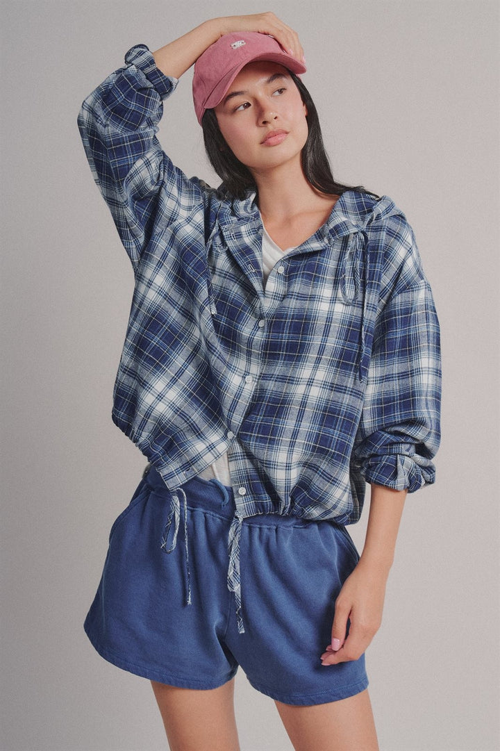 Plaid Flannel Hooded Shirt Jacket with Drawstring Hem in Navy - Women's Wholesale Blankets | Trend Notes