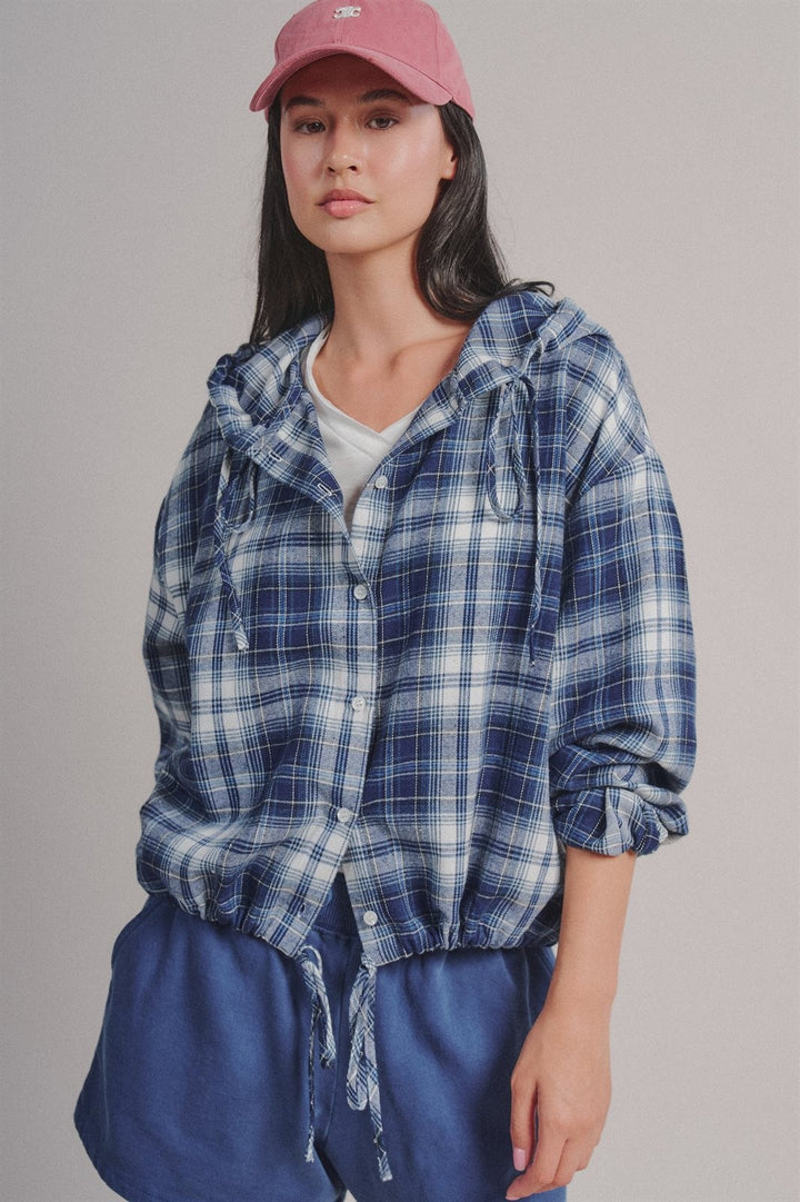 Plaid Flannel Hooded Shirt Jacket with Drawstring Hem in Navy - Women's Wholesale Blankets | Trend Notes