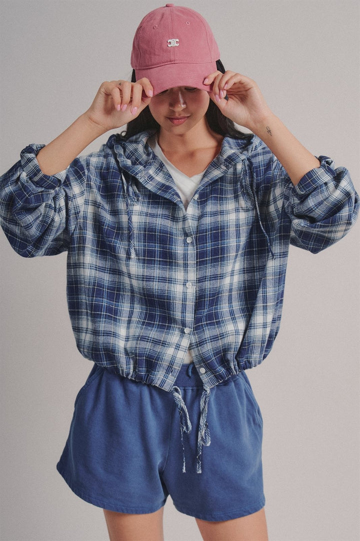 Plaid Flannel Hooded Shirt Jacket with Drawstring Hem in Navy - Women's Wholesale Blankets | Trend Notes