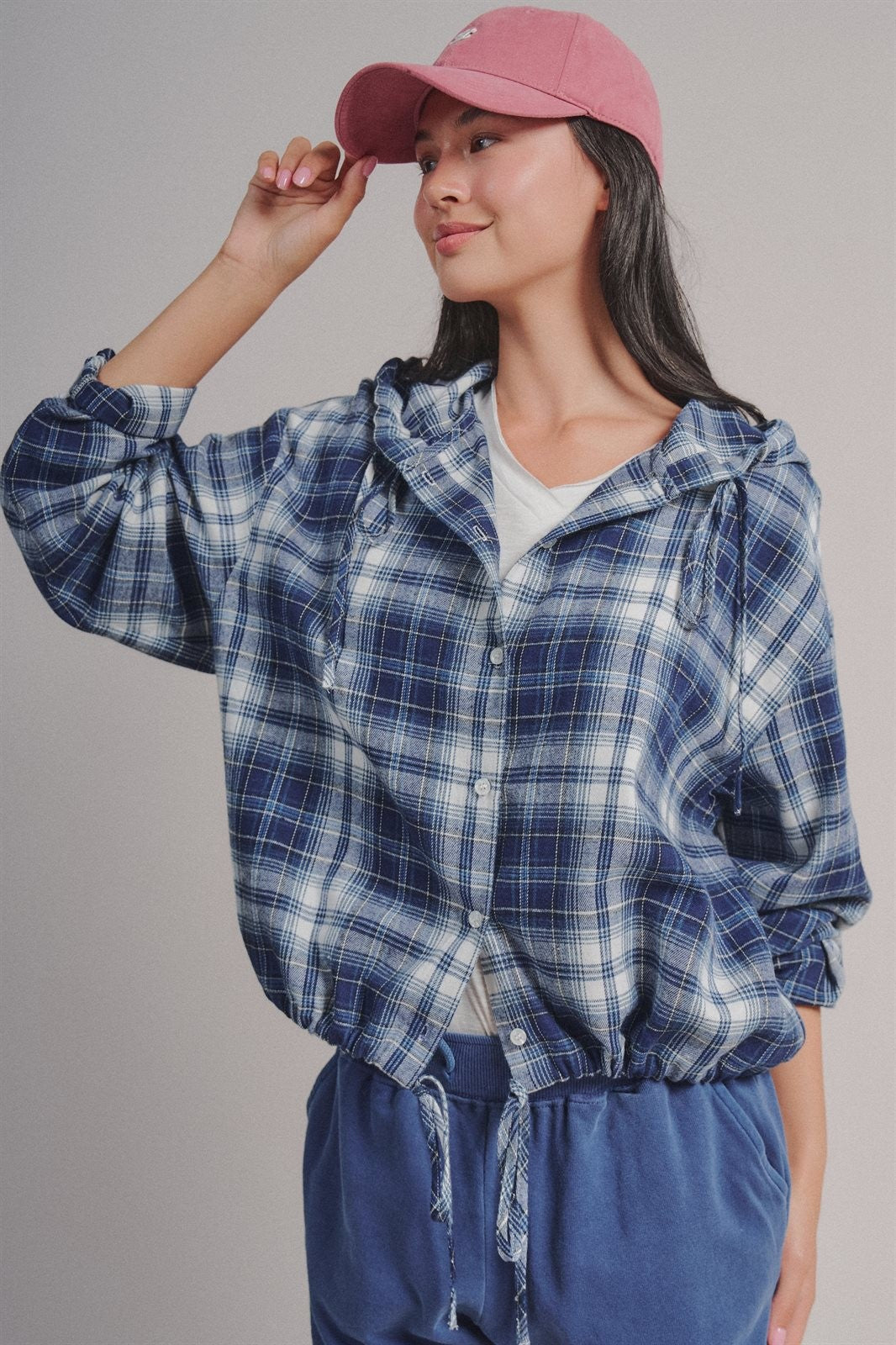 Plaid Flannel Hooded Shirt Jacket with Drawstring Hem in Navy - Women's Wholesale Blankets | Trend Notes