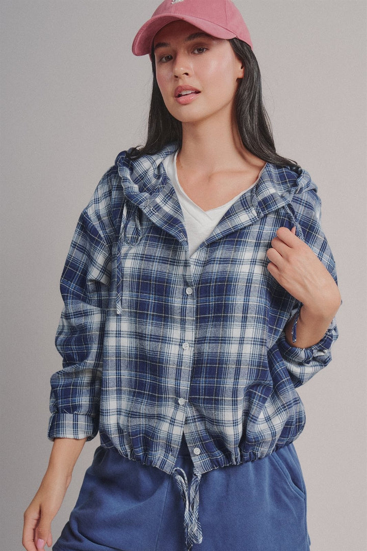 Plaid Flannel Hooded Shirt Jacket with Drawstring Hem in Navy - Women's Wholesale Blankets | Trend Notes