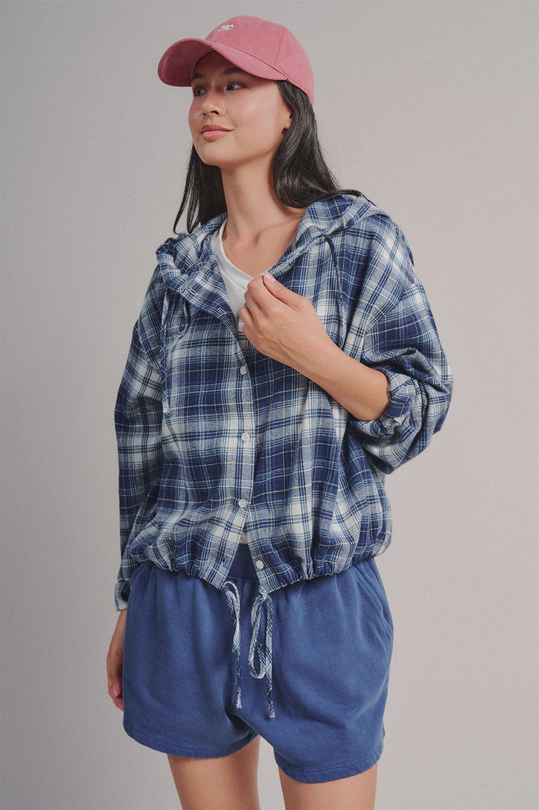 Plaid Flannel Hooded Shirt Jacket with Drawstring Hem in Navy - Women's Wholesale Blankets | Trend Notes