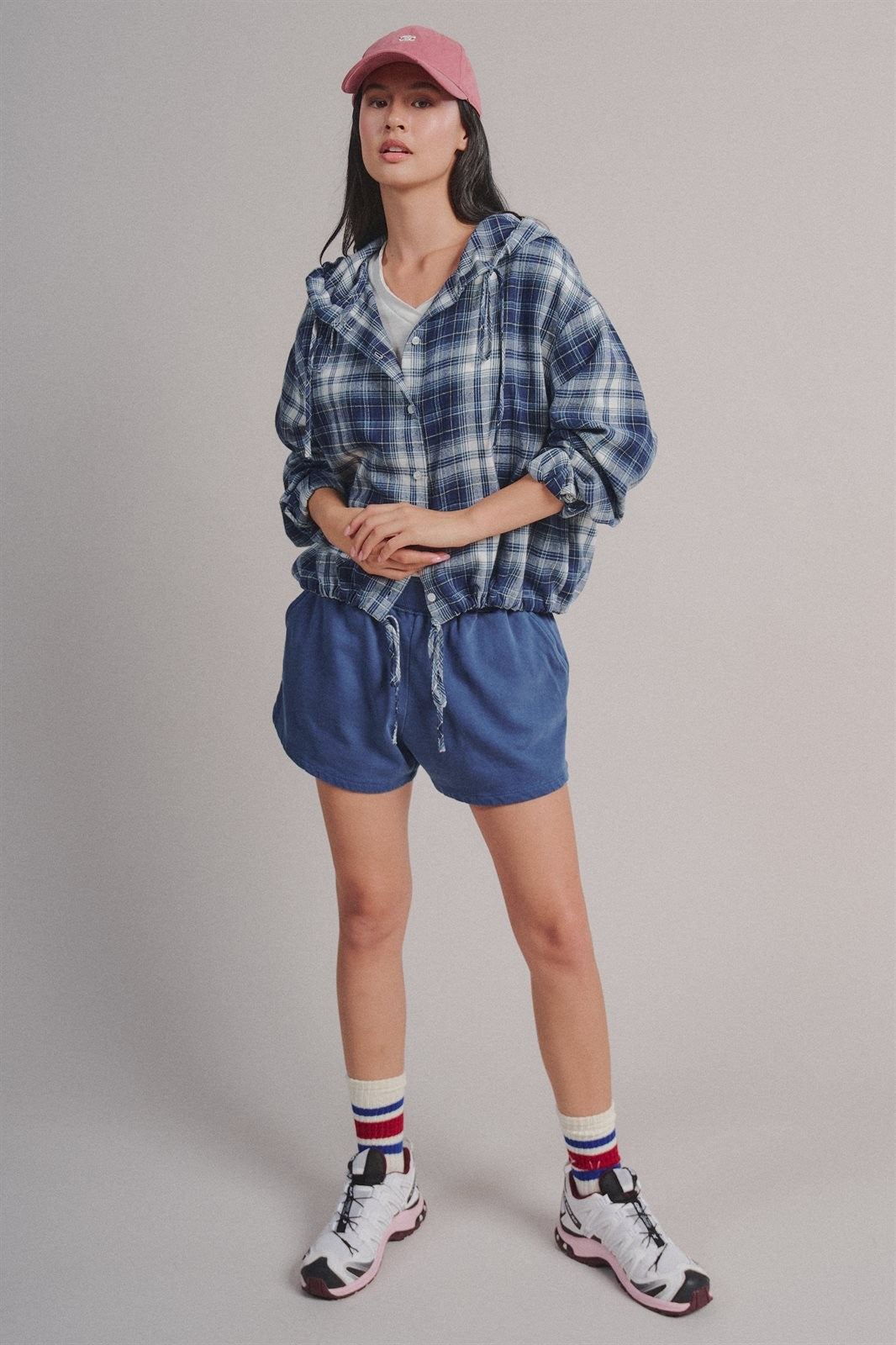 Plaid Flannel Hooded Shirt Jacket with Drawstring Hem in Navy - Women's Wholesale Blankets | Trend Notes