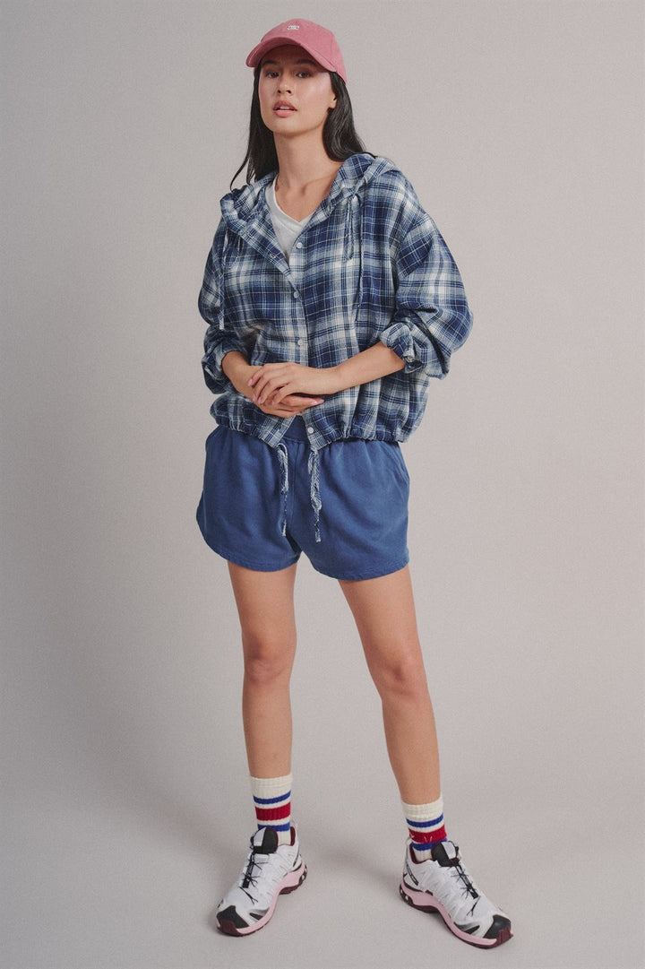 Plaid Flannel Hooded Shirt Jacket with Drawstring Hem in Navy - Women's Wholesale Blankets | Trend Notes