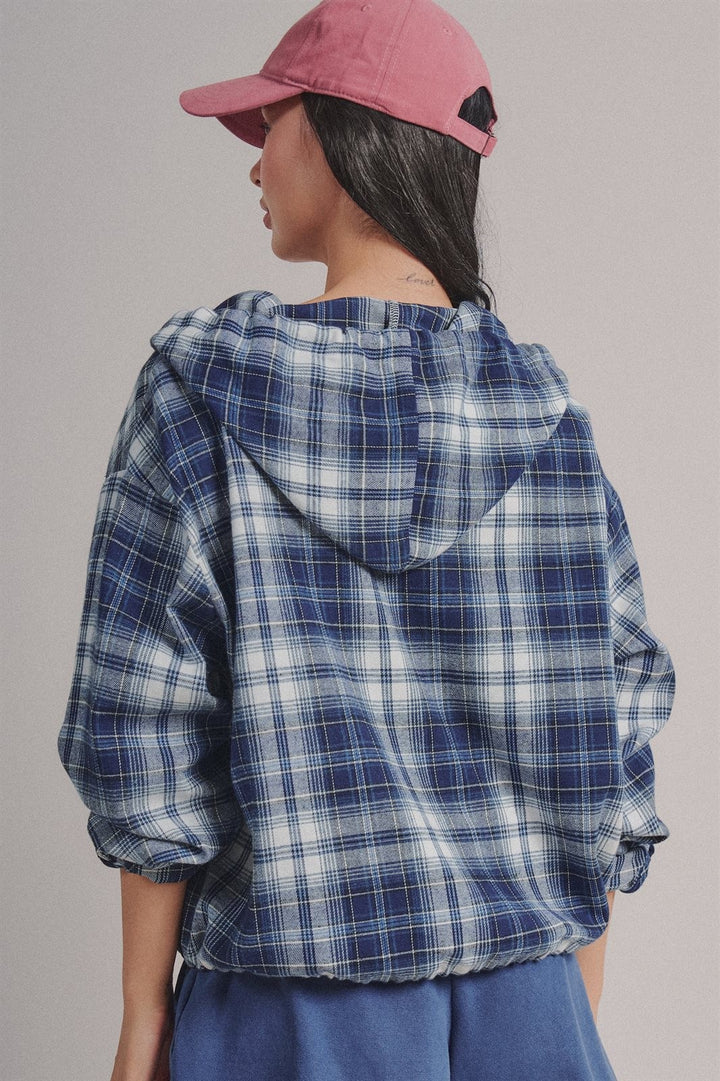 Plaid Flannel Hooded Shirt Jacket with Drawstring Hem in Navy - Women's Wholesale Blankets | Trend Notes
