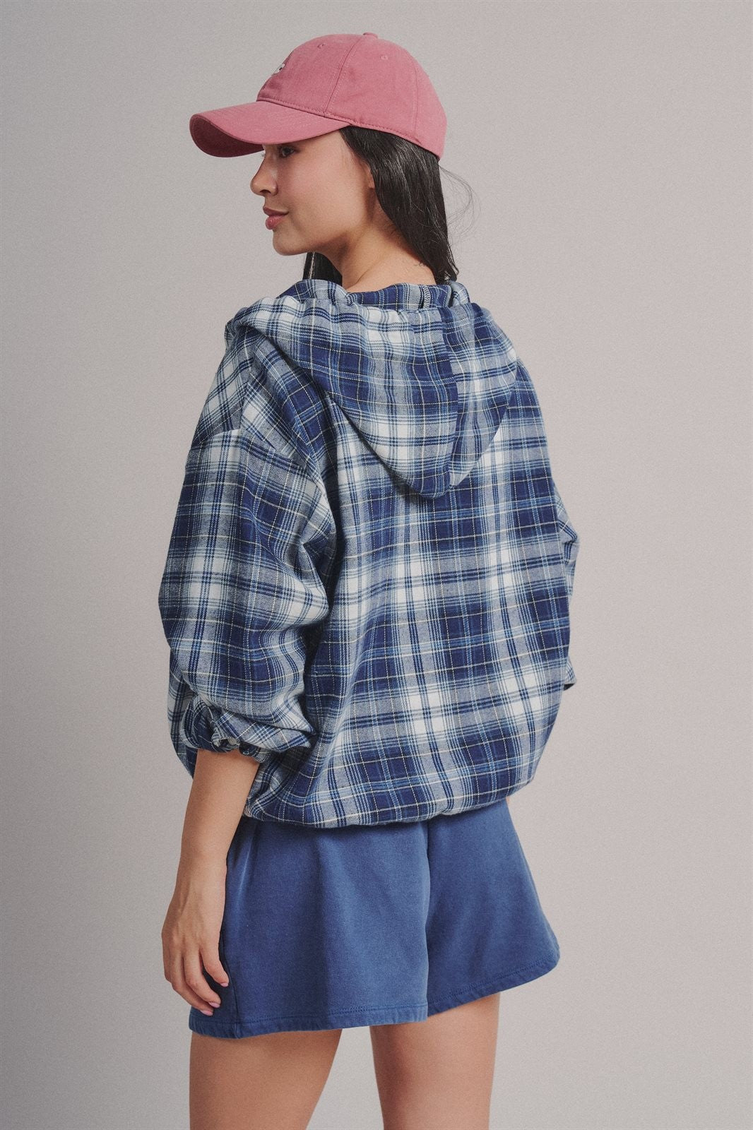Plaid Flannel Hooded Shirt Jacket with Drawstring Hem in Navy - Women's Wholesale Blankets | Trend Notes