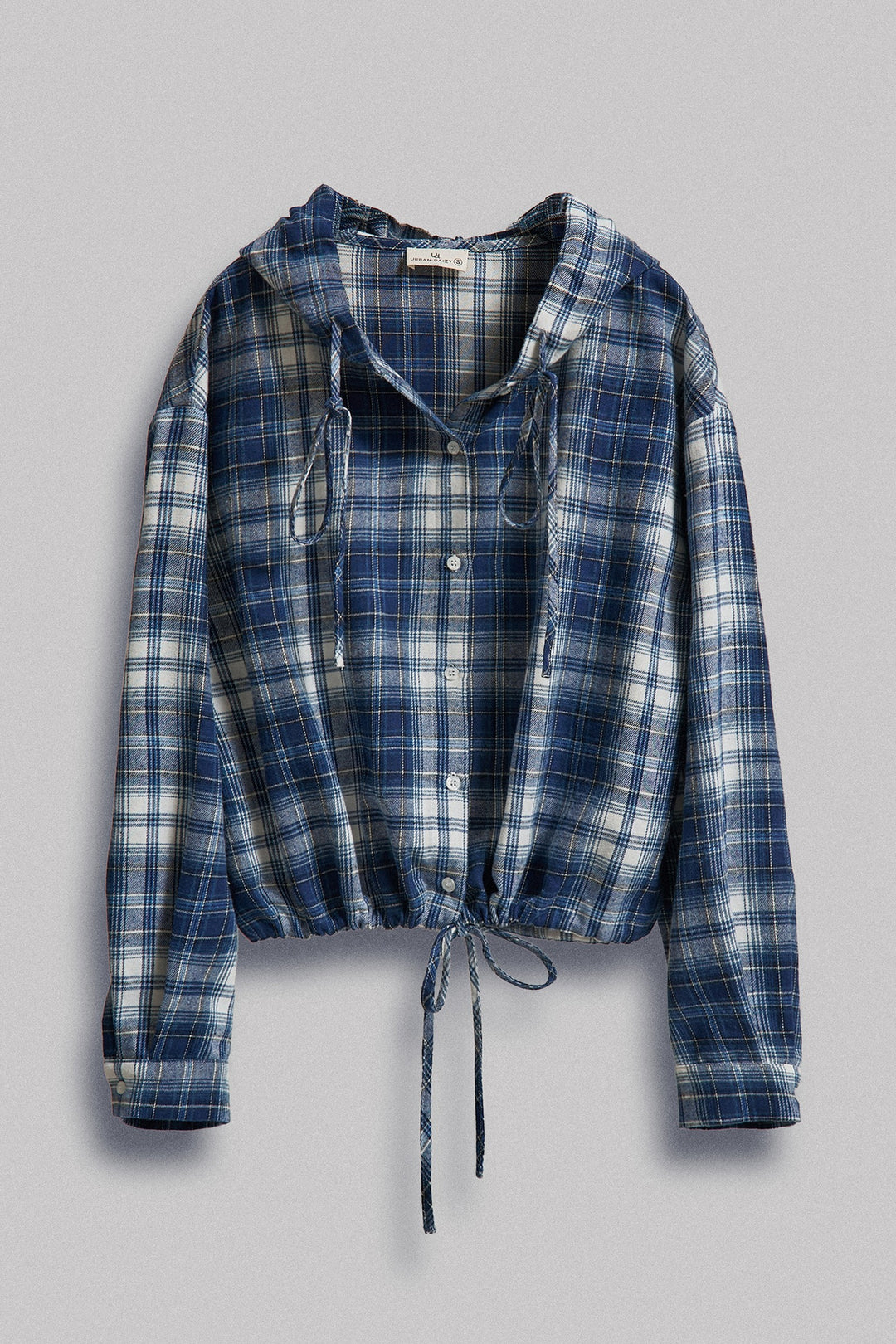 Plaid Flannel Hooded Shirt Jacket with Drawstring Hem in Navy - Women's Wholesale Blankets | Trend Notes