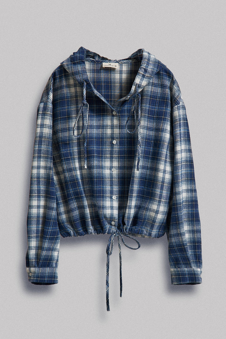Plaid Flannel Hooded Shirt Jacket with Drawstring Hem in Navy - Women's Wholesale Blankets | Trend Notes