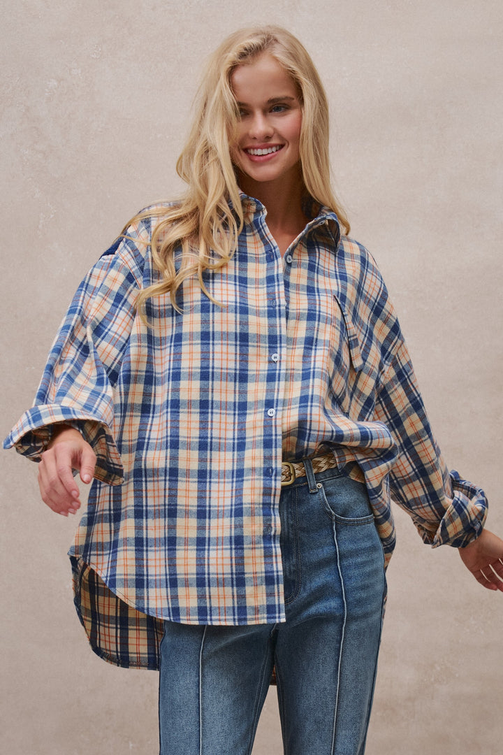 Oversized Plaid Flannel Shacket in Blue - Women's Wholesale Shirts & Blouses | Trend Notes