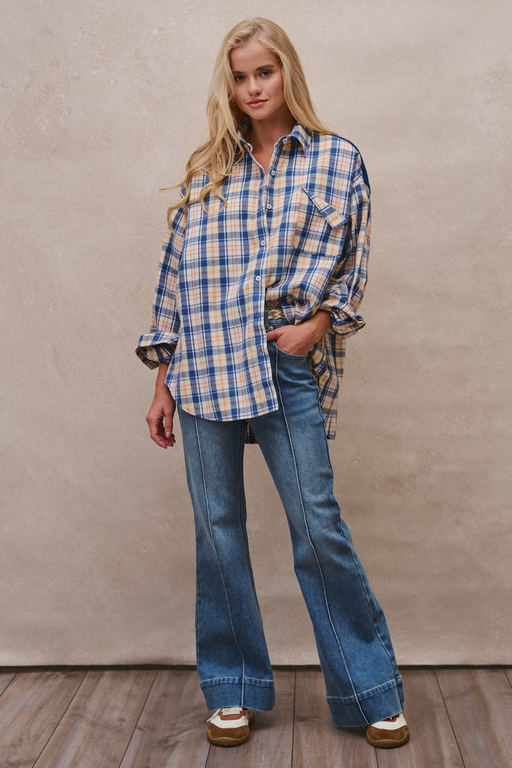 Oversized Plaid Flannel Shacket in Blue - Women's Wholesale Shirts & Blouses | Trend Notes