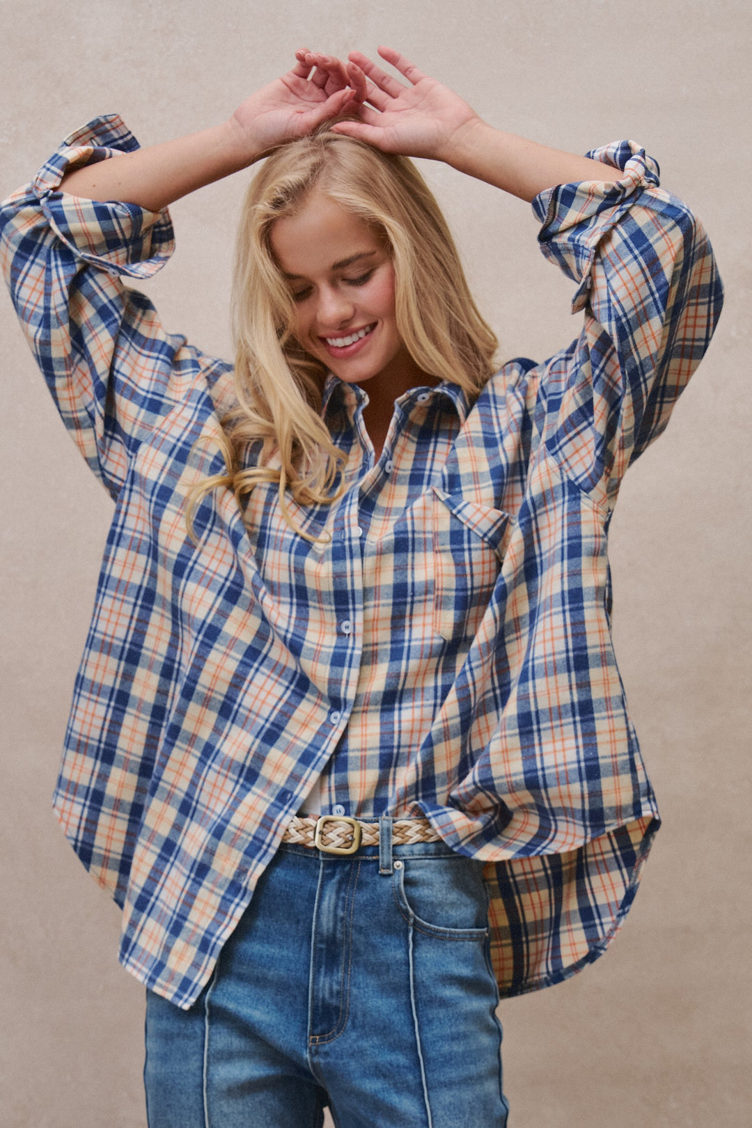 Oversized Plaid Flannel Shacket in Blue - Women's Wholesale Shirts & Blouses | Trend Notes